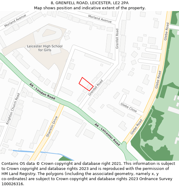 8, GRENFELL ROAD, LEICESTER, LE2 2PA: Location map and indicative extent of plot