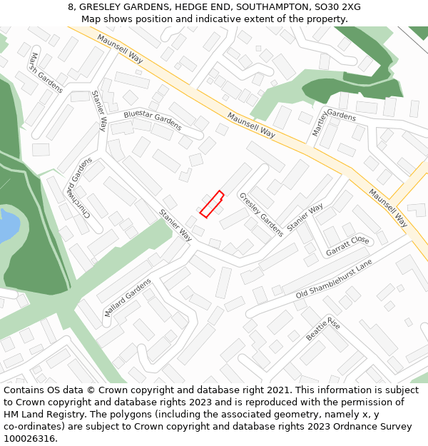 8, GRESLEY GARDENS, HEDGE END, SOUTHAMPTON, SO30 2XG: Location map and indicative extent of plot