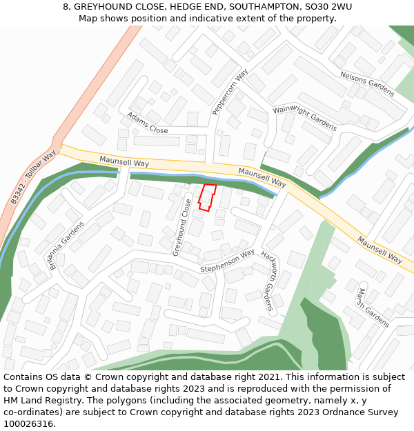 8, GREYHOUND CLOSE, HEDGE END, SOUTHAMPTON, SO30 2WU: Location map and indicative extent of plot