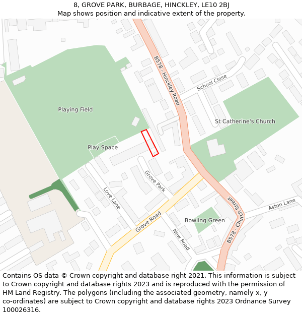8, GROVE PARK, BURBAGE, HINCKLEY, LE10 2BJ: Location map and indicative extent of plot
