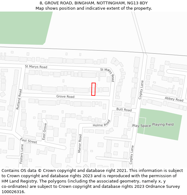 8, GROVE ROAD, BINGHAM, NOTTINGHAM, NG13 8DY: Location map and indicative extent of plot