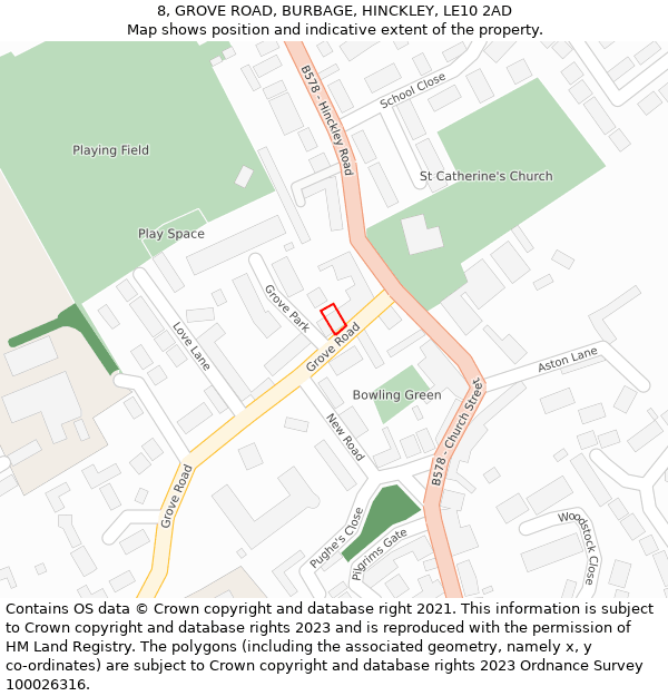 8, GROVE ROAD, BURBAGE, HINCKLEY, LE10 2AD: Location map and indicative extent of plot