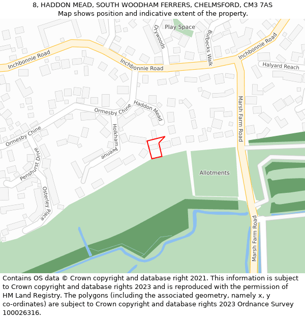 8, HADDON MEAD, SOUTH WOODHAM FERRERS, CHELMSFORD, CM3 7AS: Location map and indicative extent of plot