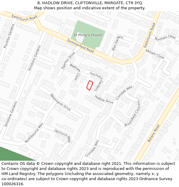 8, HADLOW DRIVE, CLIFTONVILLE, MARGATE, CT9 3YQ: Location map and indicative extent of plot