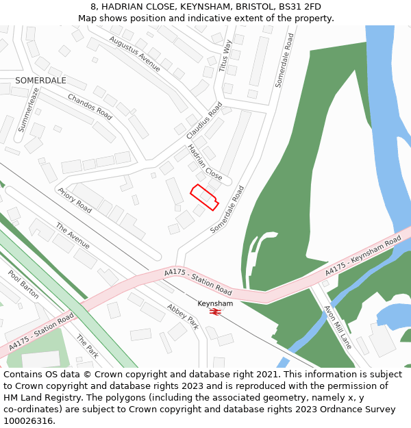 8, HADRIAN CLOSE, KEYNSHAM, BRISTOL, BS31 2FD: Location map and indicative extent of plot