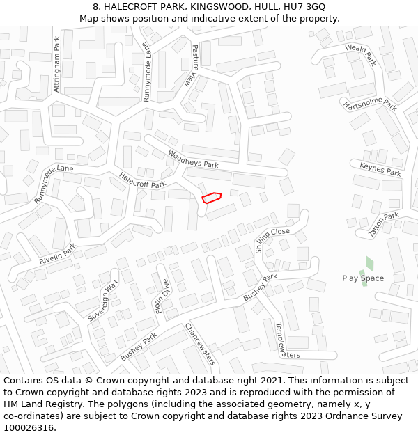 8, HALECROFT PARK, KINGSWOOD, HULL, HU7 3GQ: Location map and indicative extent of plot