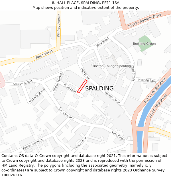 8, HALL PLACE, SPALDING, PE11 1SA: Location map and indicative extent of plot