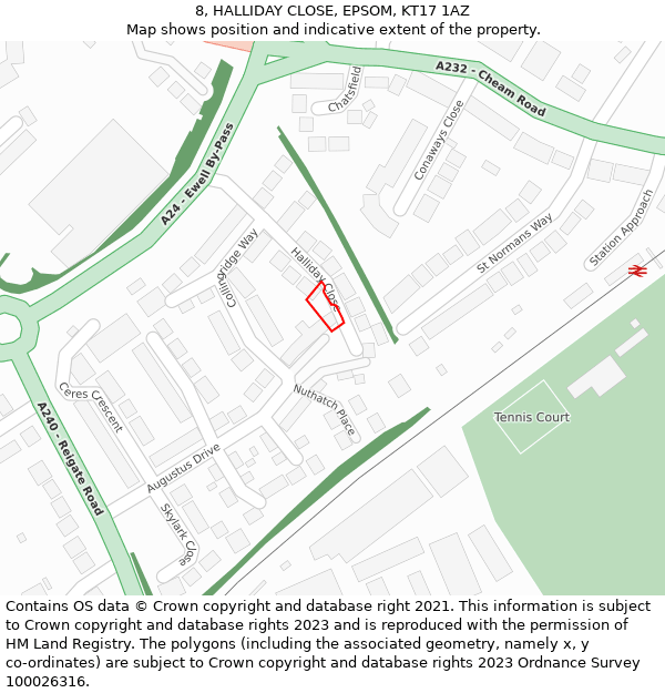 8, HALLIDAY CLOSE, EPSOM, KT17 1AZ: Location map and indicative extent of plot