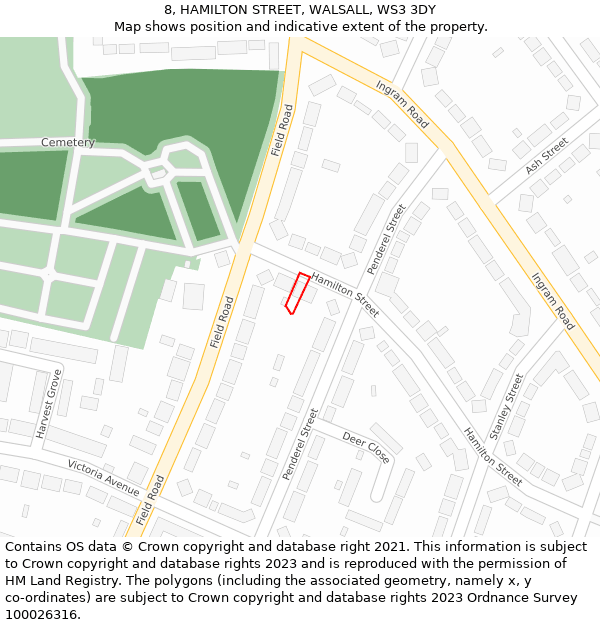 8, HAMILTON STREET, WALSALL, WS3 3DY: Location map and indicative extent of plot