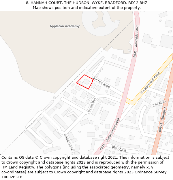 8, HANNAH COURT, THE HUDSON, WYKE, BRADFORD, BD12 8HZ: Location map and indicative extent of plot