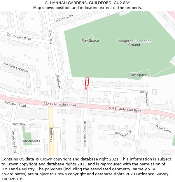 8, HANNAH GARDENS, GUILDFORD, GU2 8AY: Location map and indicative extent of plot