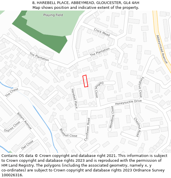 8, HAREBELL PLACE, ABBEYMEAD, GLOUCESTER, GL4 4AH: Location map and indicative extent of plot