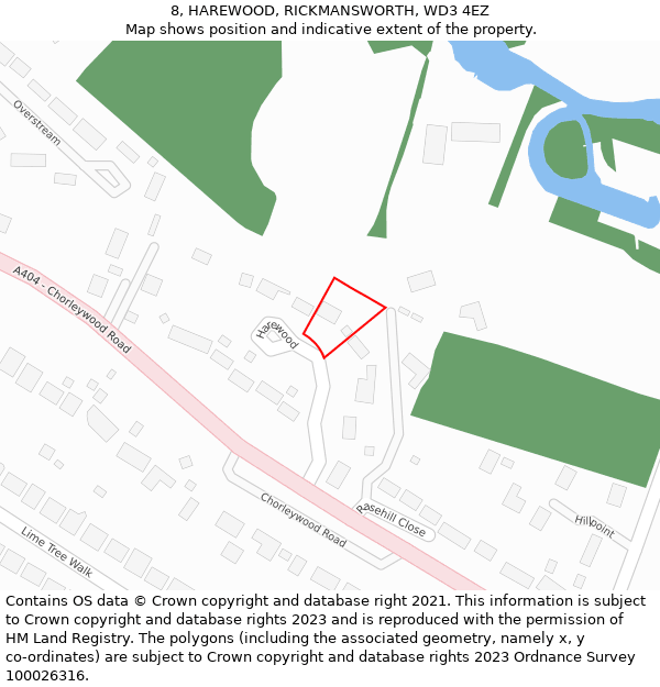 8, HAREWOOD, RICKMANSWORTH, WD3 4EZ: Location map and indicative extent of plot