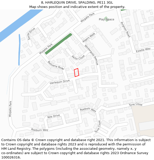 8, HARLEQUIN DRIVE, SPALDING, PE11 3GL: Location map and indicative extent of plot