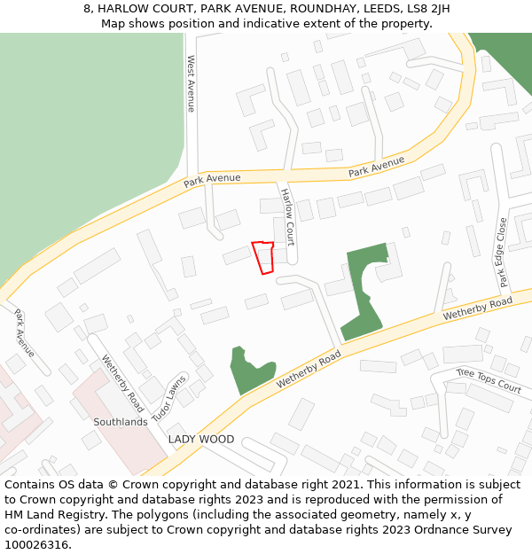8, HARLOW COURT, PARK AVENUE, ROUNDHAY, LEEDS, LS8 2JH: Location map and indicative extent of plot