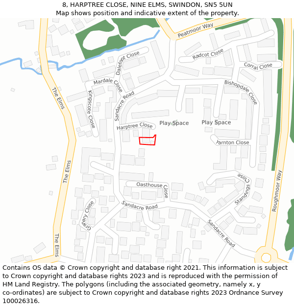 8, HARPTREE CLOSE, NINE ELMS, SWINDON, SN5 5UN: Location map and indicative extent of plot