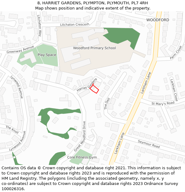 8, HARRIET GARDENS, PLYMPTON, PLYMOUTH, PL7 4RH: Location map and indicative extent of plot