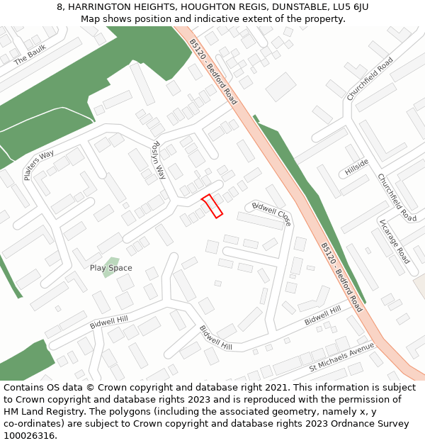 8, HARRINGTON HEIGHTS, HOUGHTON REGIS, DUNSTABLE, LU5 6JU: Location map and indicative extent of plot