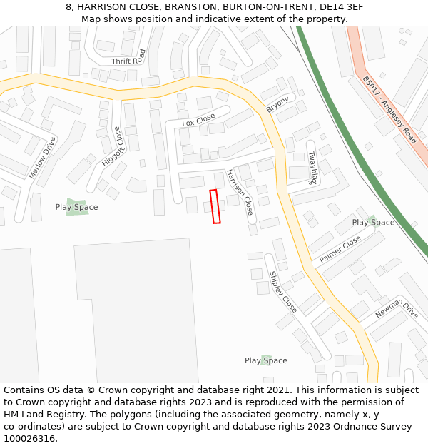 8, HARRISON CLOSE, BRANSTON, BURTON-ON-TRENT, DE14 3EF: Location map and indicative extent of plot