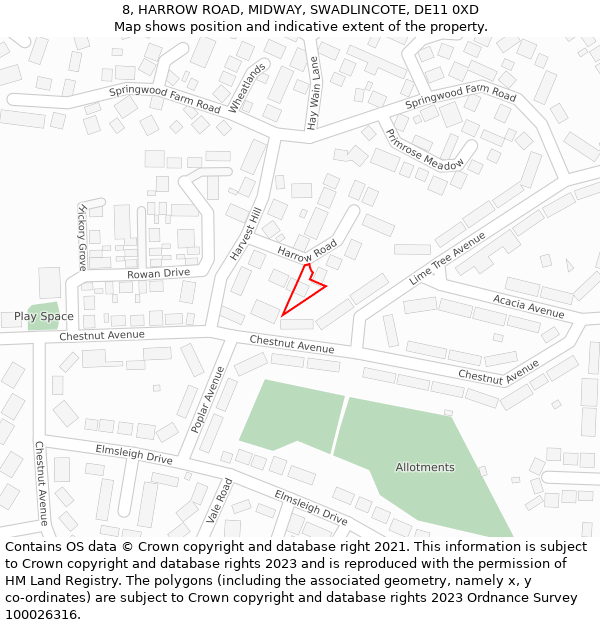 8, HARROW ROAD, MIDWAY, SWADLINCOTE, DE11 0XD: Location map and indicative extent of plot