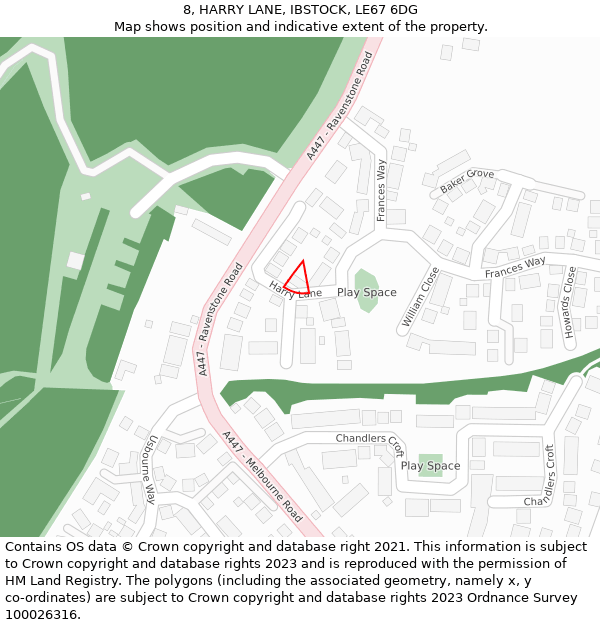 8, HARRY LANE, IBSTOCK, LE67 6DG: Location map and indicative extent of plot