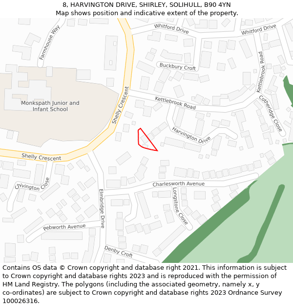 8, HARVINGTON DRIVE, SHIRLEY, SOLIHULL, B90 4YN: Location map and indicative extent of plot