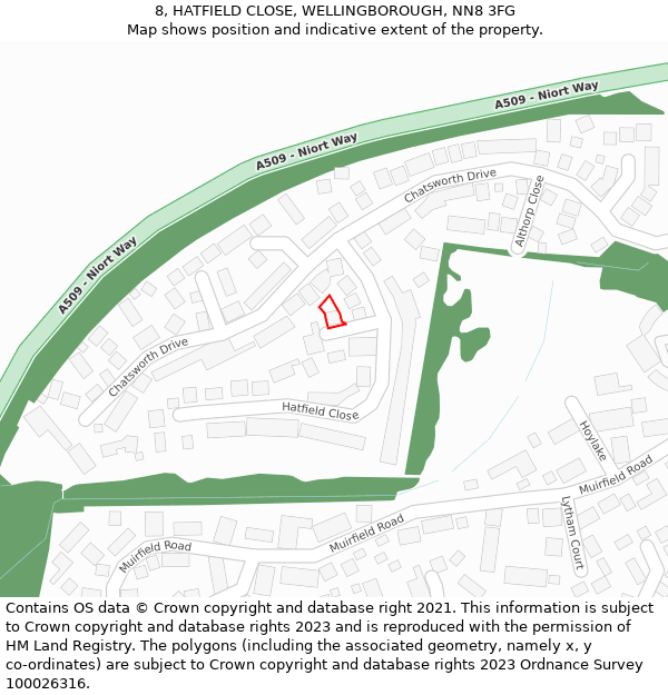 8, HATFIELD CLOSE, WELLINGBOROUGH, NN8 3FG: Location map and indicative extent of plot