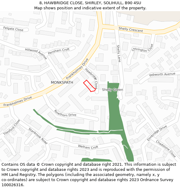 8, HAWBRIDGE CLOSE, SHIRLEY, SOLIHULL, B90 4SU: Location map and indicative extent of plot