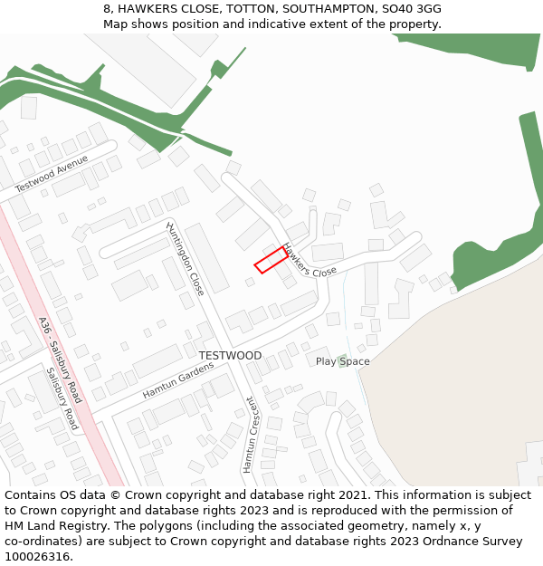 8, HAWKERS CLOSE, TOTTON, SOUTHAMPTON, SO40 3GG: Location map and indicative extent of plot