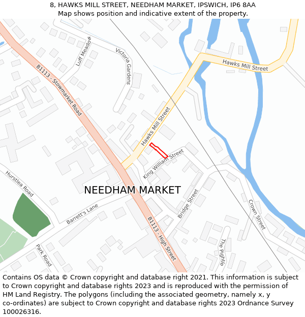 8, HAWKS MILL STREET, NEEDHAM MARKET, IPSWICH, IP6 8AA: Location map and indicative extent of plot