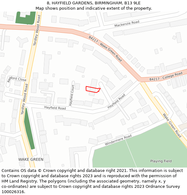 8, HAYFIELD GARDENS, BIRMINGHAM, B13 9LE: Location map and indicative extent of plot