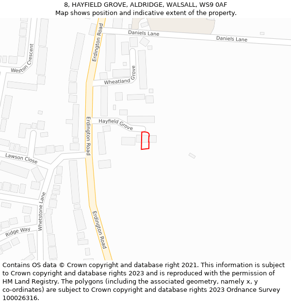 8, HAYFIELD GROVE, ALDRIDGE, WALSALL, WS9 0AF: Location map and indicative extent of plot