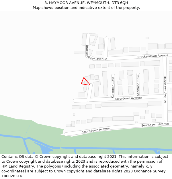 8, HAYMOOR AVENUE, WEYMOUTH, DT3 6QH: Location map and indicative extent of plot