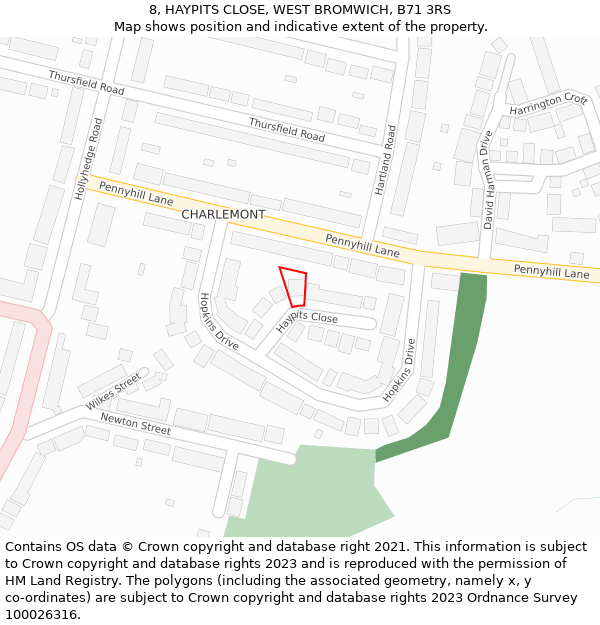 8, HAYPITS CLOSE, WEST BROMWICH, B71 3RS: Location map and indicative extent of plot
