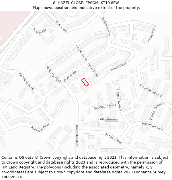 8, HAZEL CLOSE, EPSOM, KT19 8FW: Location map and indicative extent of plot