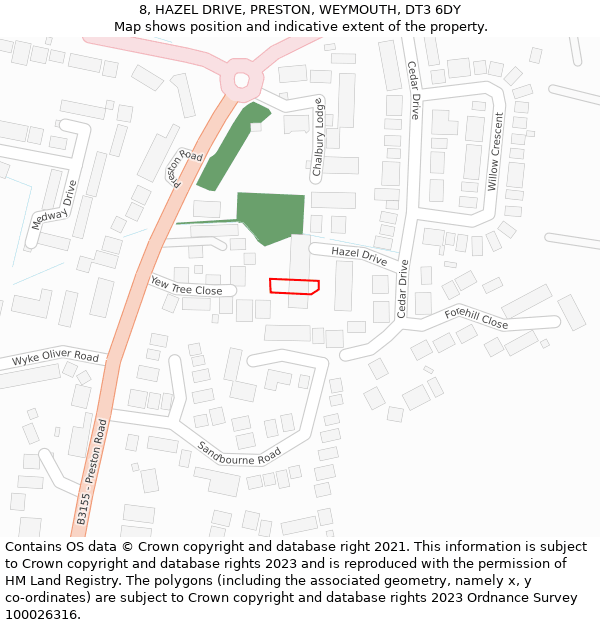 8, HAZEL DRIVE, PRESTON, WEYMOUTH, DT3 6DY: Location map and indicative extent of plot
