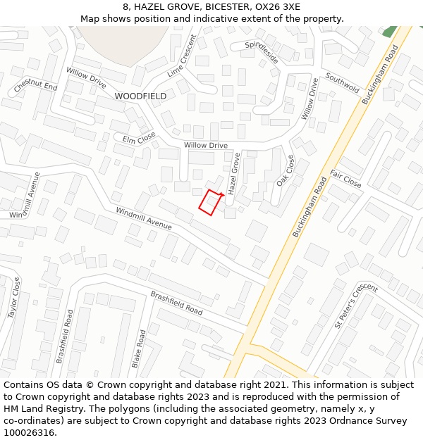 8, HAZEL GROVE, BICESTER, OX26 3XE: Location map and indicative extent of plot