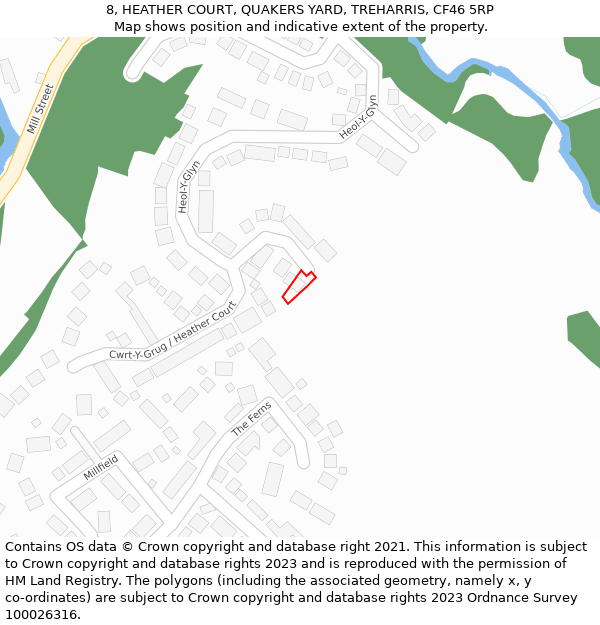 8, HEATHER COURT, QUAKERS YARD, TREHARRIS, CF46 5RP: Location map and indicative extent of plot