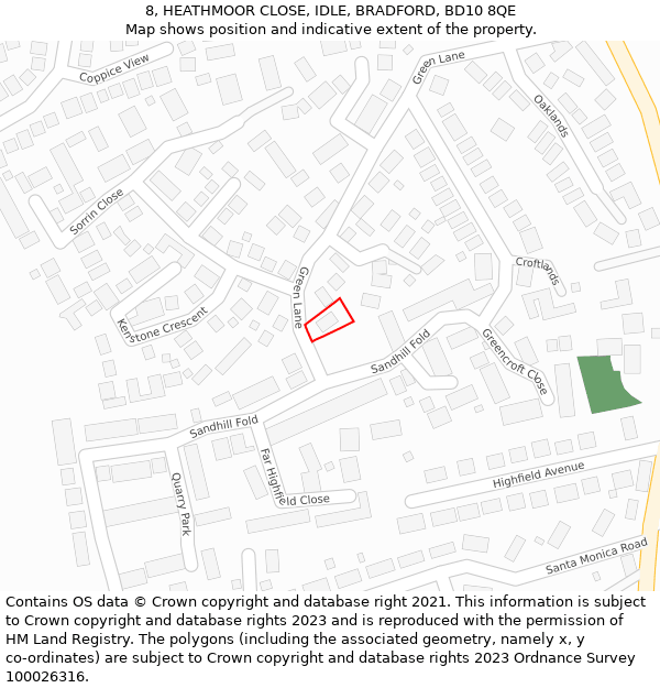 8, HEATHMOOR CLOSE, IDLE, BRADFORD, BD10 8QE: Location map and indicative extent of plot