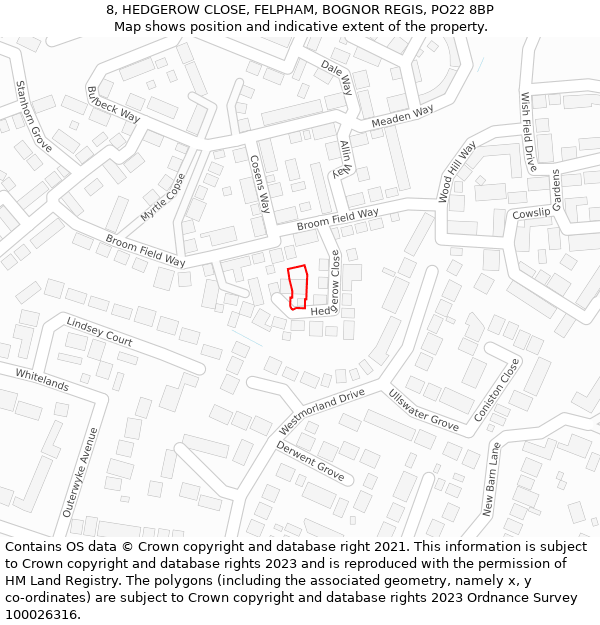 8, HEDGEROW CLOSE, FELPHAM, BOGNOR REGIS, PO22 8BP: Location map and indicative extent of plot