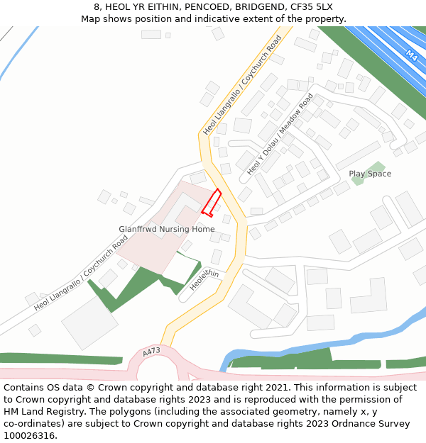 8, HEOL YR EITHIN, PENCOED, BRIDGEND, CF35 5LX: Location map and indicative extent of plot