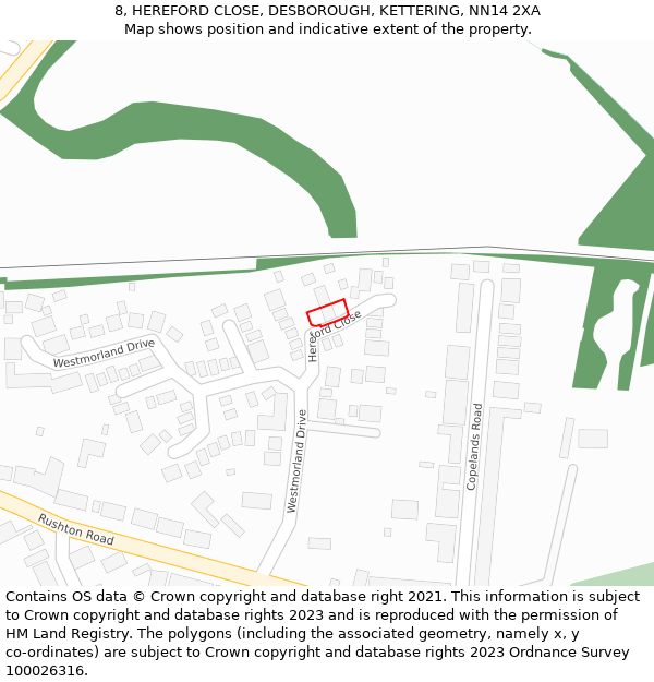 8, HEREFORD CLOSE, DESBOROUGH, KETTERING, NN14 2XA: Location map and indicative extent of plot