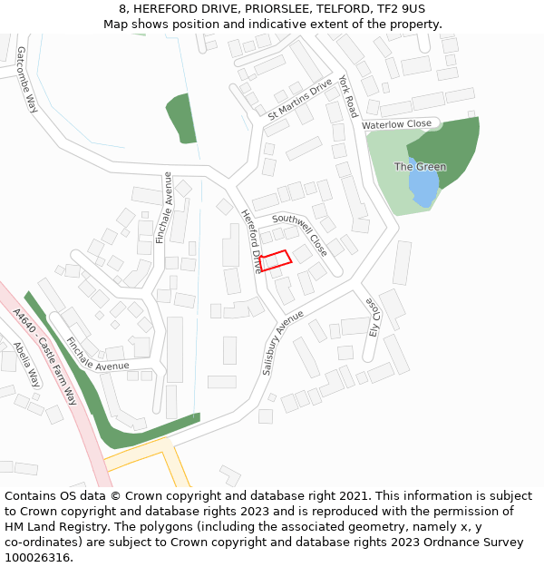 8, HEREFORD DRIVE, PRIORSLEE, TELFORD, TF2 9US: Location map and indicative extent of plot