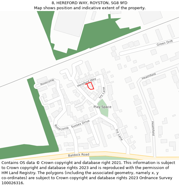 8, HEREFORD WAY, ROYSTON, SG8 9FD: Location map and indicative extent of plot
