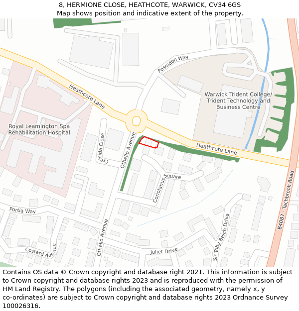 8, HERMIONE CLOSE, HEATHCOTE, WARWICK, CV34 6GS: Location map and indicative extent of plot