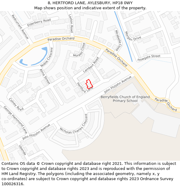 8, HERTFORD LANE, AYLESBURY, HP18 0WY: Location map and indicative extent of plot