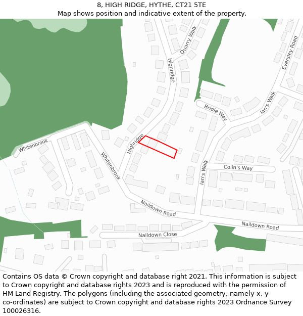 8, HIGH RIDGE, HYTHE, CT21 5TE: Location map and indicative extent of plot