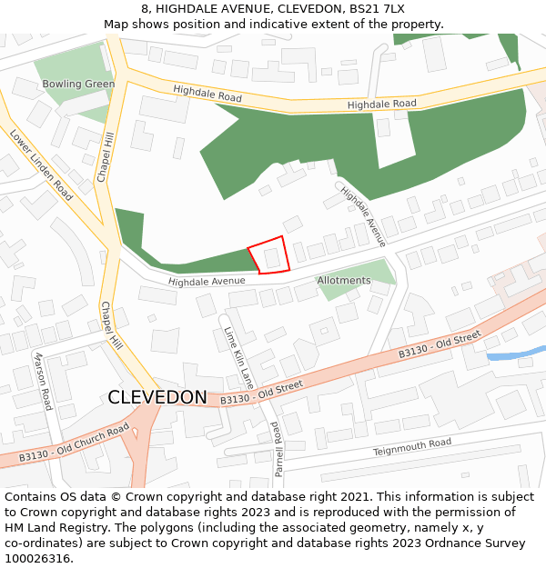 8, HIGHDALE AVENUE, CLEVEDON, BS21 7LX: Location map and indicative extent of plot