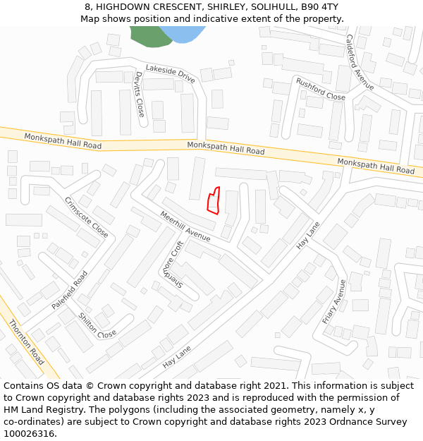 8, HIGHDOWN CRESCENT, SHIRLEY, SOLIHULL, B90 4TY: Location map and indicative extent of plot