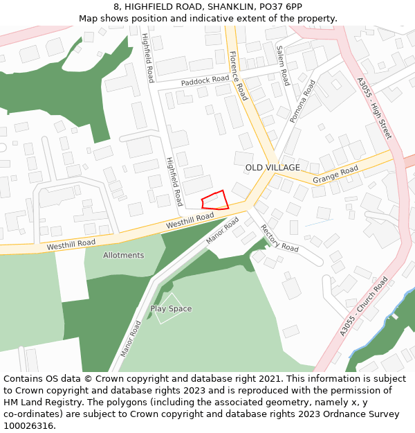 8, HIGHFIELD ROAD, SHANKLIN, PO37 6PP: Location map and indicative extent of plot